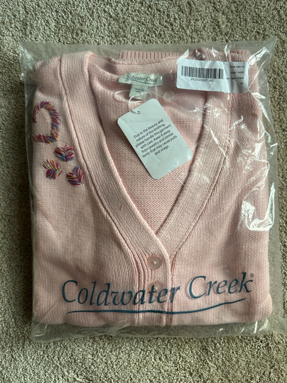 Coldwater Creek Light Pink V-Neck Cardigan with Embroidery